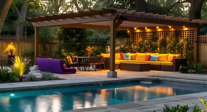 Outdoor furniture by pool under pergola in backyard living area. Concept Backyard Design, Outdoor Living Space, Poolside Pergola, Outdoor Furniture, Relaxing Al Fresco Area
