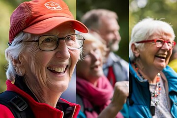 Senior citizens in red hats gather happily together for an outdoor activity, A montage of happy retirees enjoying leisurely activities