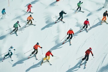 Diverse group of skiers of all ages and abilities joyfully skiing down a snowy slope, A montage of skiers of all ages and abilities enjoying the slopes