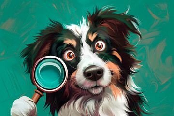 Graphic depiction of a Border Collie with a magnifying glass seeking something unique and fun,the concept of educational materials,pet products,veterinary services,poster
