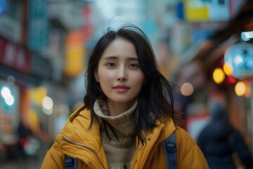 Fototapeta premium Woman in Yellow Jacket Walking Down Street. Generative by AI