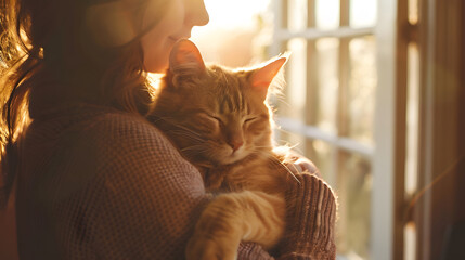 Woman holding cat in arms. Generative by AI