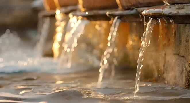 Leaking roof and burst pipe causing water to drip into buckets. Concept Emergency Repairs, Water Damage, Leaking Roof, Burst Pipe, Dripping Water