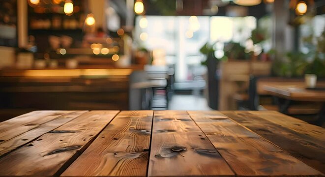 Wooden Table Mockup in a Coffee Shop with Blurred Background. Concept Wooden Table, Coffee Shop, Mockup, Blurred Background