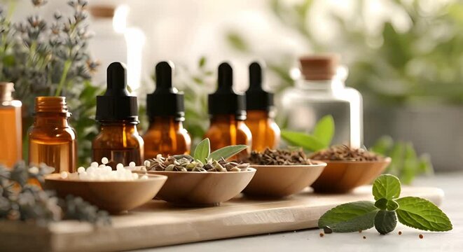 Scientific homeopathy lab with medicinal plant extracts on light background. Concept Homeopathy, Medicinal Plants, Scientific Lab, Extracts, Light Background