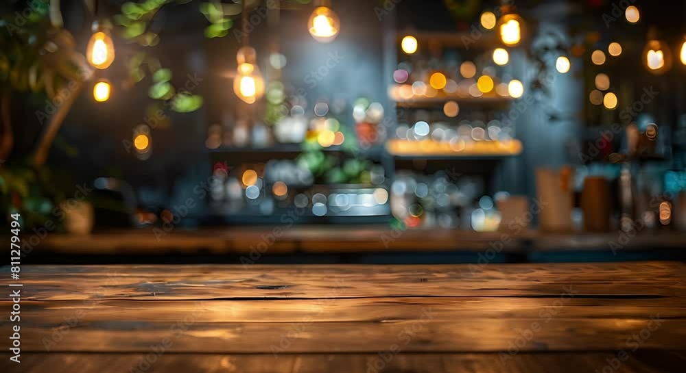 Poster cafe background with wooden table for product display or design layout in soft focus. concept produc