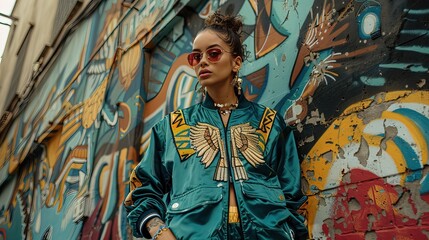 long shot mexican young woman green elite track suit with design inspired in eagle aztec princess many elements, in the style of master of ink, Generative Ai 