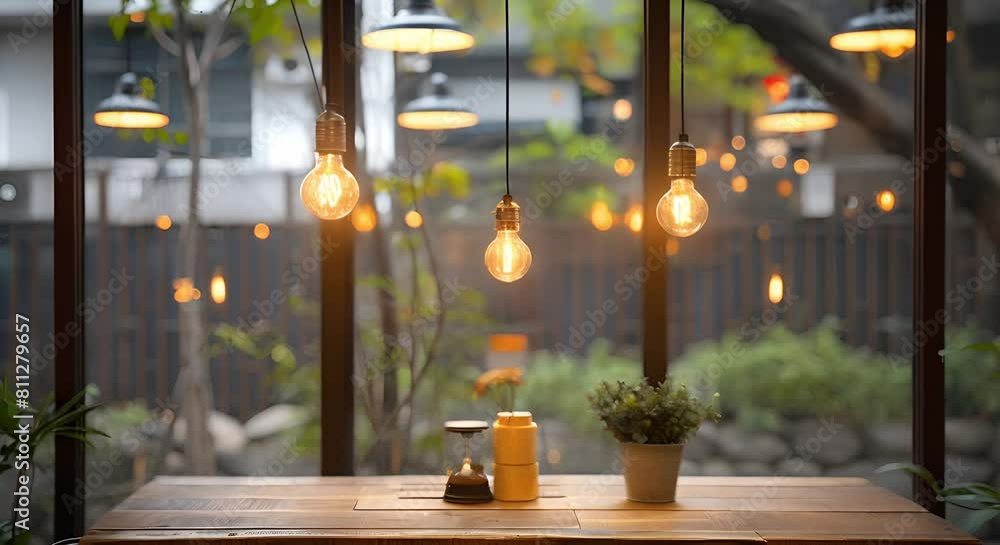 Poster cafe window setting with wooden table and light bulb as backdrop for product displays. concept cafe 