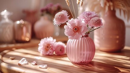   A pink vase brimming with pink blossoms perched on a table near two additional pink flower-filled vases
