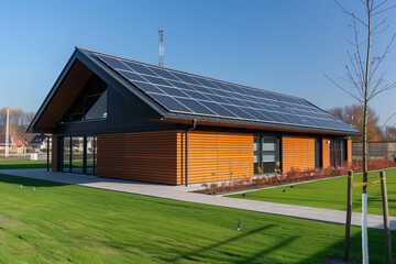 Obraz premium The new house in the suburbs has a modern appearance and equipment, and on its roof there is a photovoltaic system that uses solar energy to power the building.