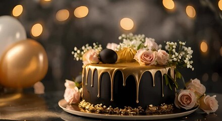 Elegant black cake with gold icing flowers and balloons for a birthday celebration. Concept Birthday Cake, Elegant Decor, Gold Accents, Celebration Balloons
