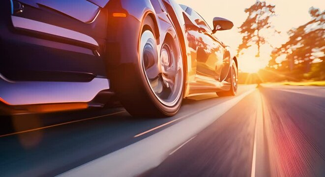 Speeding sports car wheel in motion blur on sunny highway. Concept Sports Car Racing, Motion Blur, Highway Speed, Sunny Day, Wheel in Motion