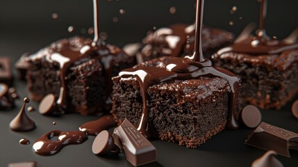chocolate brownies with chocolate dripping on dark background realistic