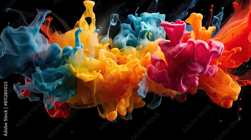 Poster macro shot of colorful paint splashes in motion