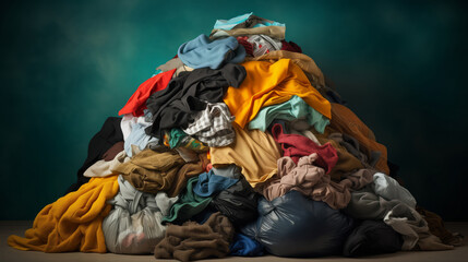 Concept problem of conscious consumption of clothing, people pollute environment with textiles. Disposable clothing lying in heap.