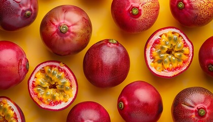 Passion fruit pattern on yellow background. Top view, flat lay