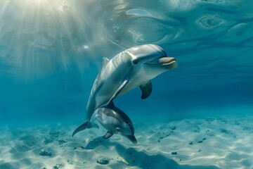 Fototapeta premium Mother dolphin gently nudging her calf in the ocean while swimming, A mother dolphin gently nudging her calf