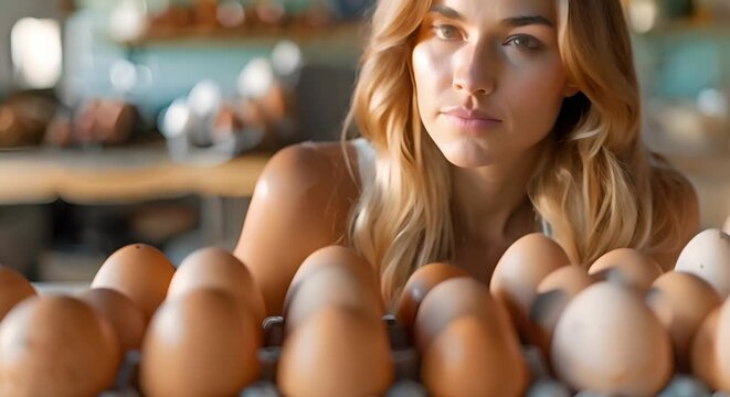 Cautious woman at table with variety of eggs due to known allergy. Concept Food allergies, Egg variety, Cautious woman, Health concerns, Dining precautions - Powered by Adobe