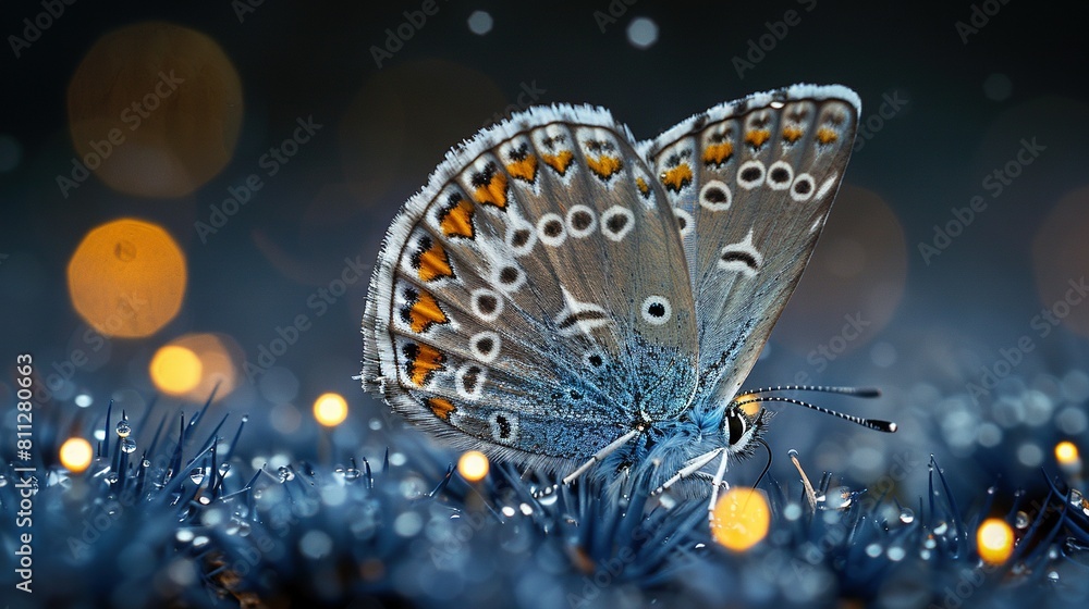 Poster a close-up of a butterfly perched on a field of grass amidst a soft bokeh of lights in the backgroun