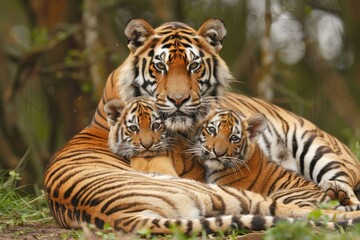 A mother tiger is seen playing with her two young cubs in their natural habitat, A mother tiger with her playful cubs