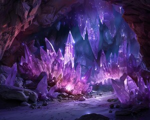 Captivating Amethyst and Quartz Crystal Cave with Sparkling Formations and Ethereal Glow