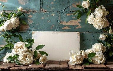 Elegant Floral Wedding Menu Background: Blank Canvas Surrounded by White Roses and Peonies