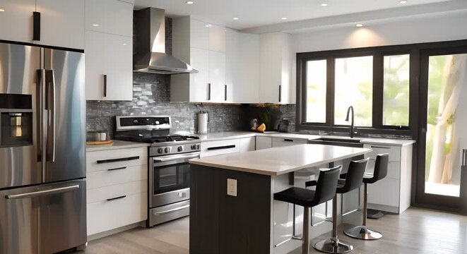 Contemporary kitchen with white cabinets stainless steel appliances and a tiled backsplash. Concept Contemporary Kitchen Design, White Cabinets, Stainless Steel Appliances, Tiled Backsplash