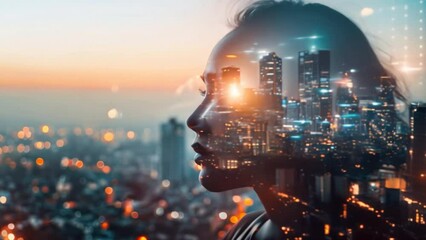 A city skyline with a person's face in the middle of it. The sky is orange and the city is lit up at night