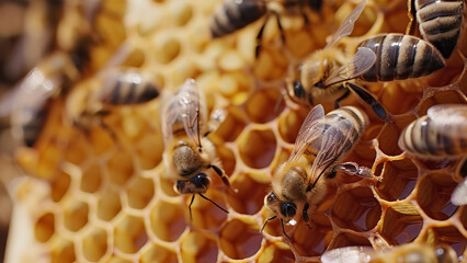 Macro photo Honeybees Busy at Work in Golden Hive Environment Reflecting Teamwork.