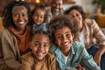 Fototapeta premium Group of people from different generations gathering in a cozy living room and sitting closely together, A multigenerational family gathering in a cozy living room, smiling for the camera