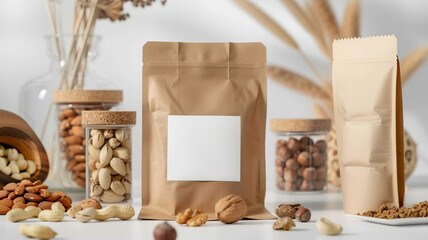 Eco Friendly Packaging with Almonds and Walnuts on Neutral white Background.