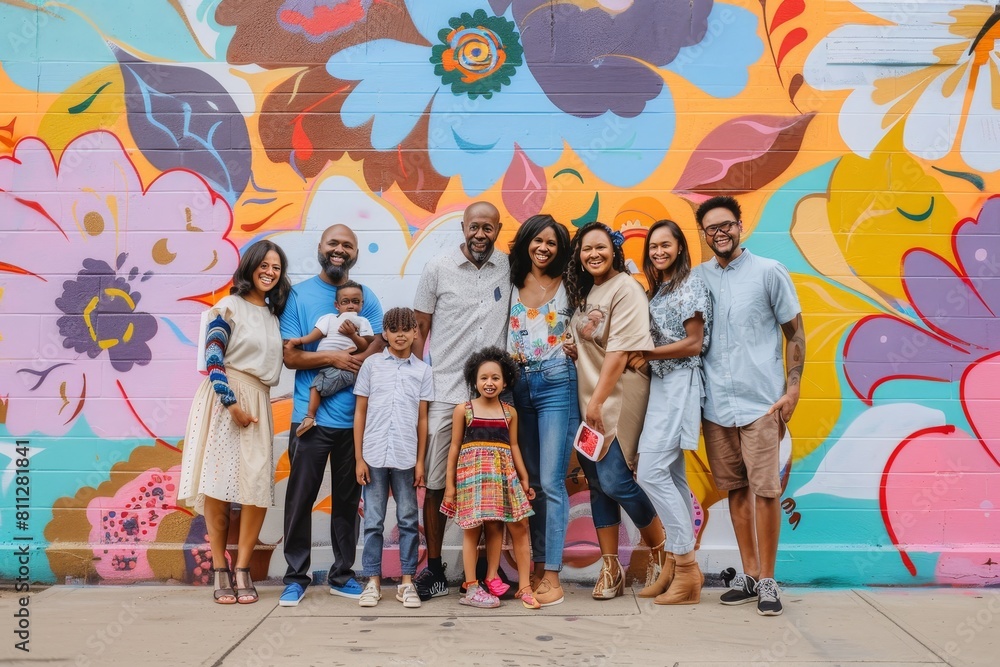 Wall mural Multigenerational family posing for a photo against a vibrant, colorful wall, A multi-generational family posing for a photo in front of a colorful mural