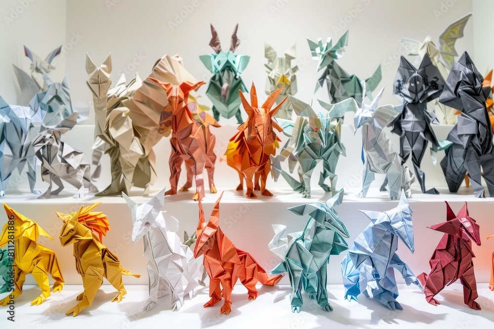 Poster multiple origami horses neatly stacked on top of each other, a multitude of origami characters, each