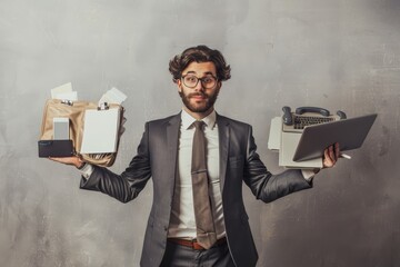 A man in a suit multitasking with two laptops and a typewriter, A multitasking professional juggling phone calls, emails, and meetings with ease