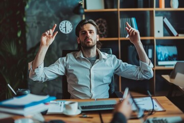 A man sitting at a desk holding a clock in his hand, looking focused and busy, A multitasking professional juggling phone calls, emails, and meetings with ease