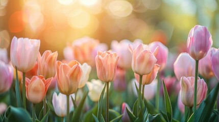Garden of soft colored tulips