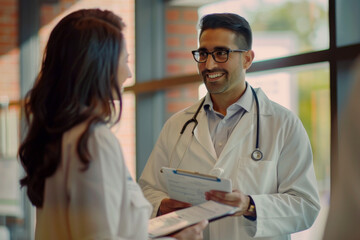 Prompt: A male doctor talks to a patient, wearing a white coat and glasses, holding medical records, standing at a hospital window with an indoor light and warm colors, smiling