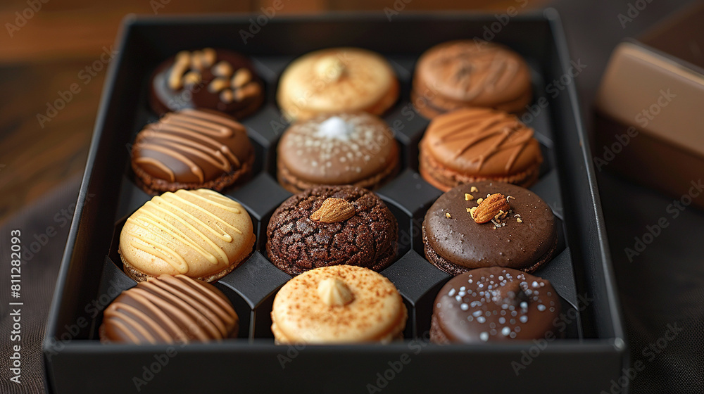Poster    a chocolate box on a table with a cookie box in front