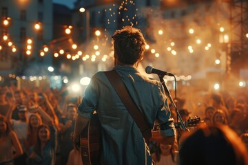 A man stands with a guitar in hand, performing in front of a lively crowd, who cheer...