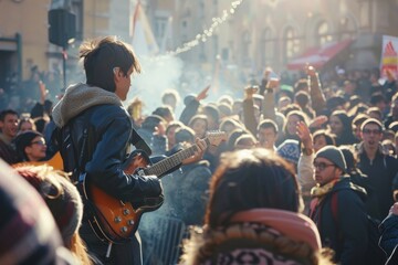 A man energetically plays guitar in front of a lively crowd of people, who are cheering and watching attentively, A musician performing to a cheering crowd - Powered by Adobe