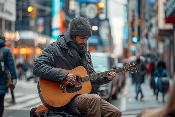 A man energetically plays a guitar on a bustling city street, surrounded by pedestrians and urban...