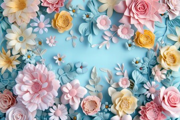 Assorted Paper Flowers on Blue Background