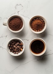Three Small Bowls Filled With Different Types of Coffee