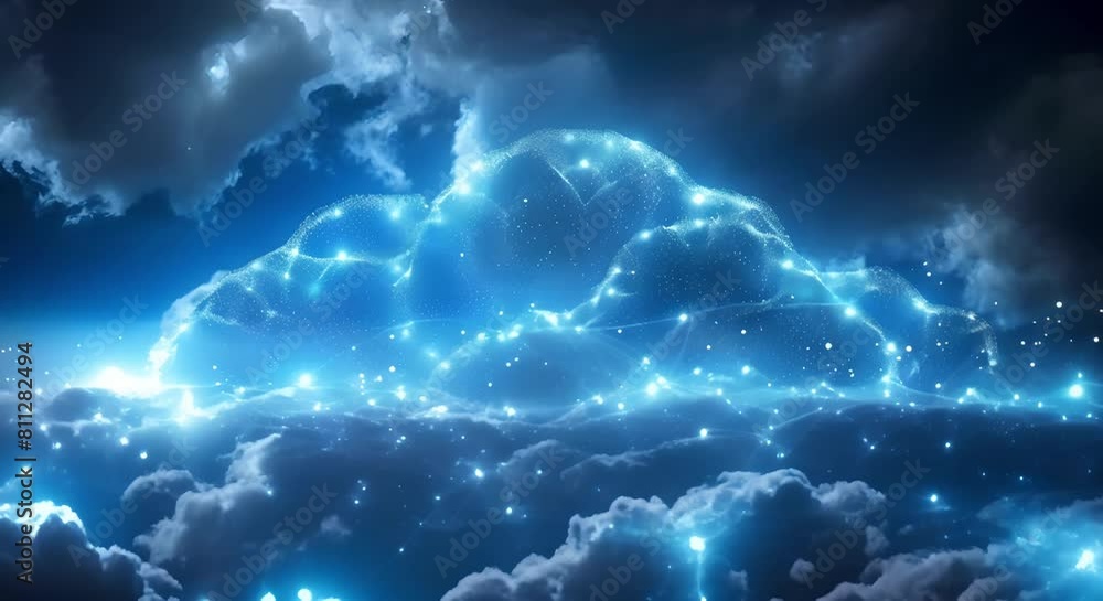 Poster blue network visualization in a futuristic digital cloud landscape with big data. concept blue netwo