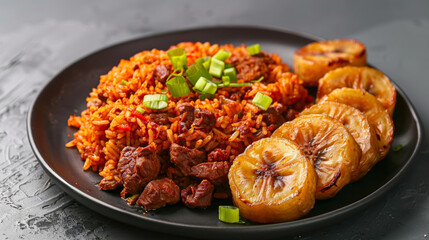 Authentic ghanaian jollof rice with juicy meat and ripe fried plantains garnished with fresh green onions on a black plate