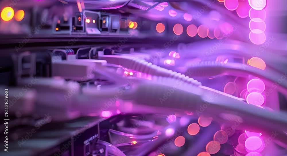 Poster rack in a data center holding servers connected to the internet via network cables. concept data cen