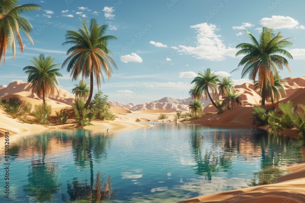 Poster palm trees sway in a desert oasis with a pool under the sun, a mystical desert oasis with palm trees