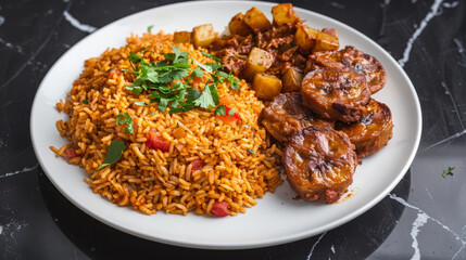 Fototapeta premium Authentic ghanaian cuisine featuring spicy jollof rice, fried plantains, and tender chicken, garnished with fresh parsley on a white plate