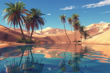 Palm Trees Reflecting in Water, A mystical desert oasis with palm trees swaying in the breeze and a shimmering pool of water reflecting the endless sand dunes