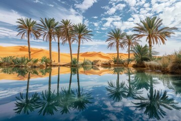 Palm Trees Encircling Mystical Desert Oasis, A mystical desert oasis with palm trees swaying in the breeze and a shimmering pool of water reflecting the endless sand dunes